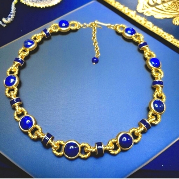Lapis Lazuli Gold Enamel Byzantine Etruscan Vintage Style Statement Necklace - Picture 1 of 5